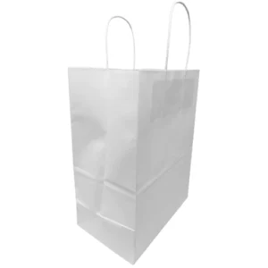 Paper Bags – Handle Bags – White Color – 8″x4.75″x10.5″ – 250 Bags – 60 LB Weight basis (90 GSM strong). Twisted Handle. Packed in cases. – White Paper – 85105WHITEPAPTHDL