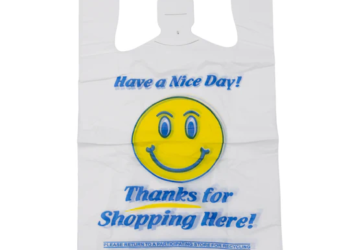 White Happy Face/Smiley Face HDPE T-Shirt Bags – 1/8 BBL 10″X5″X18″ – 700 Bags – 16 microns – White – 10022HF