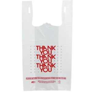 Easy Open – White ‘Thank You’ HDPE T-Shirt Bags – 1/6 BBL 11.5″X6″X21″ – 1000 Bags – 13 microns – White – 10015-EO