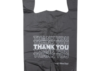 Black Printed HDPE T-Shirt Bags – 1/6 BBL 11.5″X6″X21″ – 800 Bags – 13 microns – Black – 208015STY