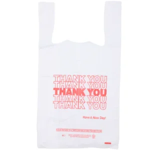 Easy Open – White ‘Thank You’ HDPE T-Shirt Bags – 1/8 BBL 10″X5″X18″ – 1000 Bags – 13 microns – White – 10020-EO