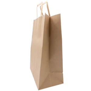 Paper Bags – Handle Bags – Kraft Color – Flat Handle 12″x7″x17″ – 250 Bags – 74 LB Weight basis (110 GSM strong) Flat Handle. Packed in cases. – Kraft/Natural – 12717NKPAPFLATH