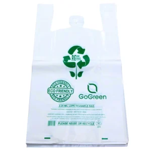 White Reusable/Eco-Friendly LDPE T-Shirt – Super Jumbo 20″x10″x36″ – 100 Bags – 57 Micron (2.25 mil) – White – WHLD40REC225MREUSE201036