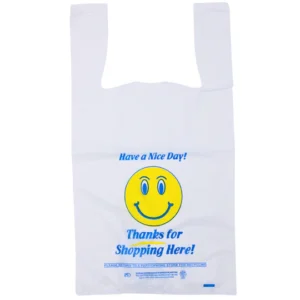 Easy Open – White Happy Face/Smiley Face HDPE T-Shirt Bags – 1/6 BBL 11.5″X6″X21″ – 500 Bags – 18 microns – White – 16HFACE0516-EO