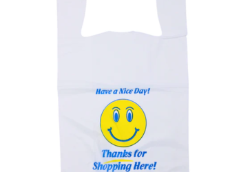 White Happy Face/Smiley Face HDPE T-Shirt Bags – 1/6 BBL 11.5″X6″X21″ – 500 Bags – 18 microns – White – 16HFACE0516