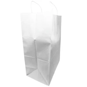 Paper Bags – Handle Bags – White Color – 13″x7″x17″ – 250 Bags – 74 LB Weight basis (110 GSM strong) Twisted Handle. Packed in cases. – White Paper – 13717WHITEPAPTHDL