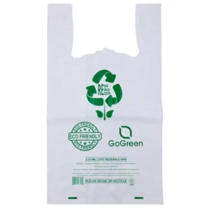 White Reusable/Eco-Friendly LDPE T-Shirt – 1/5 BBL 13″X9″X23″ – 150 Bags – 57 Micron (2.25 mil) – White – WHLD40REC225REUSE1323