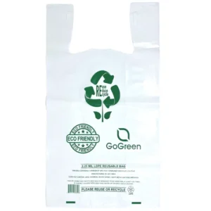 White Reusable/Eco-Friendly LDPE T-Shirt – 1/6 BBL 11.5″X6.5″X21″ – 200 Bags – 57 Micron (2.25 mil) – White – WHLD40REC225REU1221